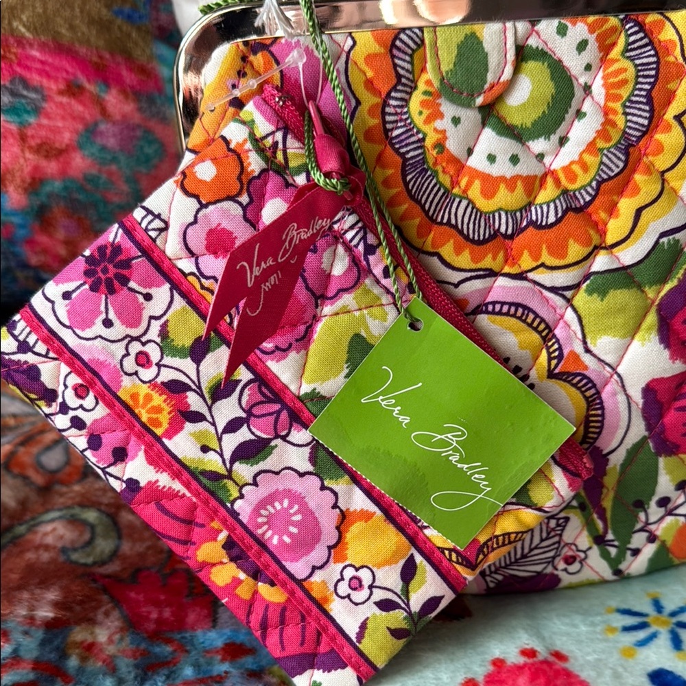 Vera Bradley Floral Mini Frame Crossbody Clementine and matching Pouch - Picture 3 of 13